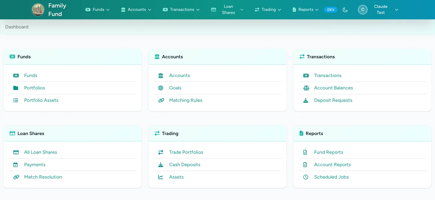 FamilyFund dashboard — navigation hub.